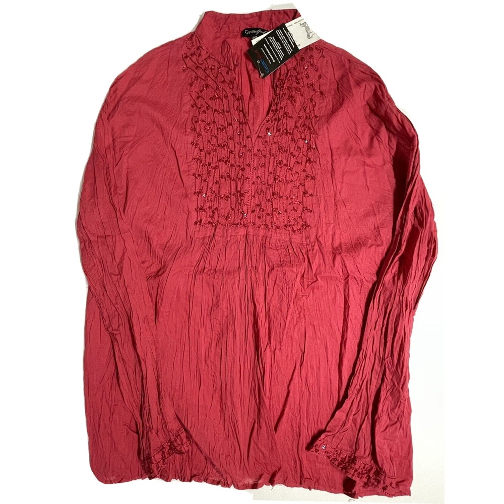 Greater Good Womens 3XL Red Long Sleeve Crinkle Sequin Tunic Blouse